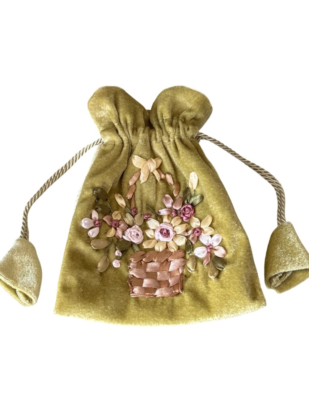 Embroidered Olive Green Velvet Drawstring Pouch